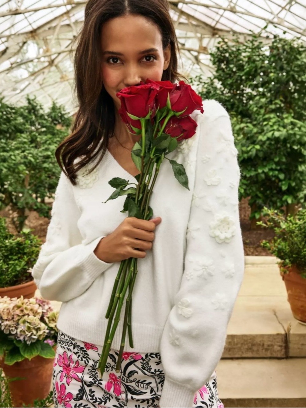 Lilly Pulitzer Alayla White Floral-Appliqué V-Neck Sweater
